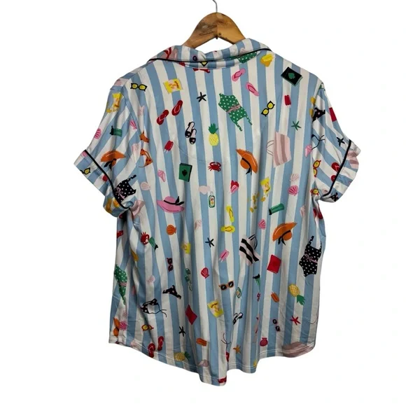 Kate Spade Colorful Summer Beach Printed Striped Button-Up Pajama Set Large - Picture 6 of 9